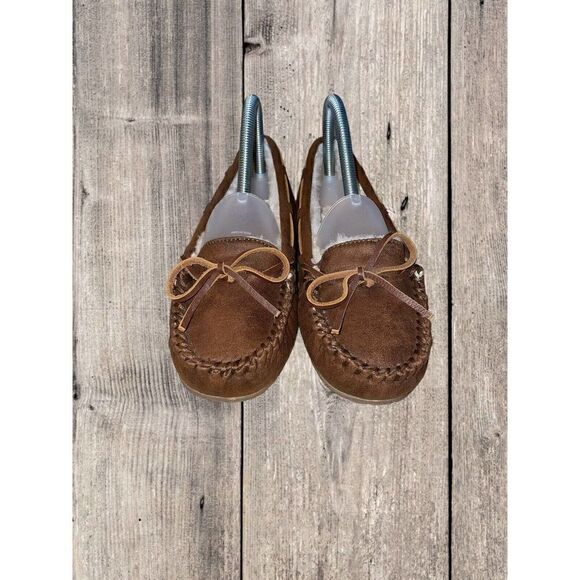 Minnetonka Slippers Womens Size 6 Brown Faux Fur Lined Fabric Britt Trapper - Picture 2 of 9